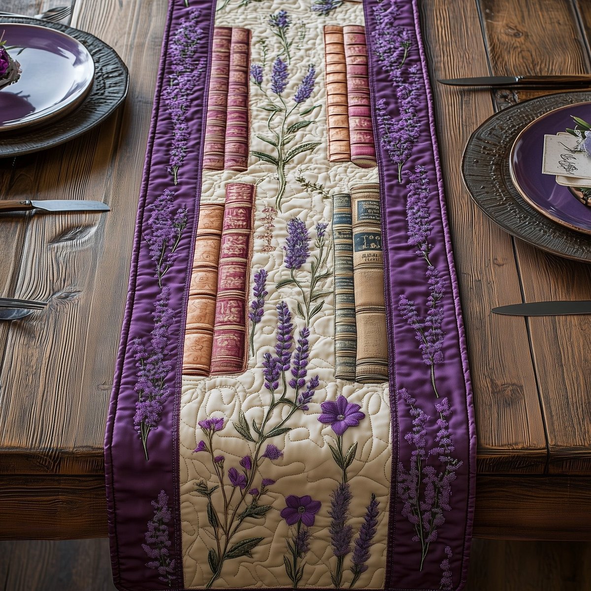Lavender Sprigs Beside Book Spines Table Runner - Made to Order TABLE928