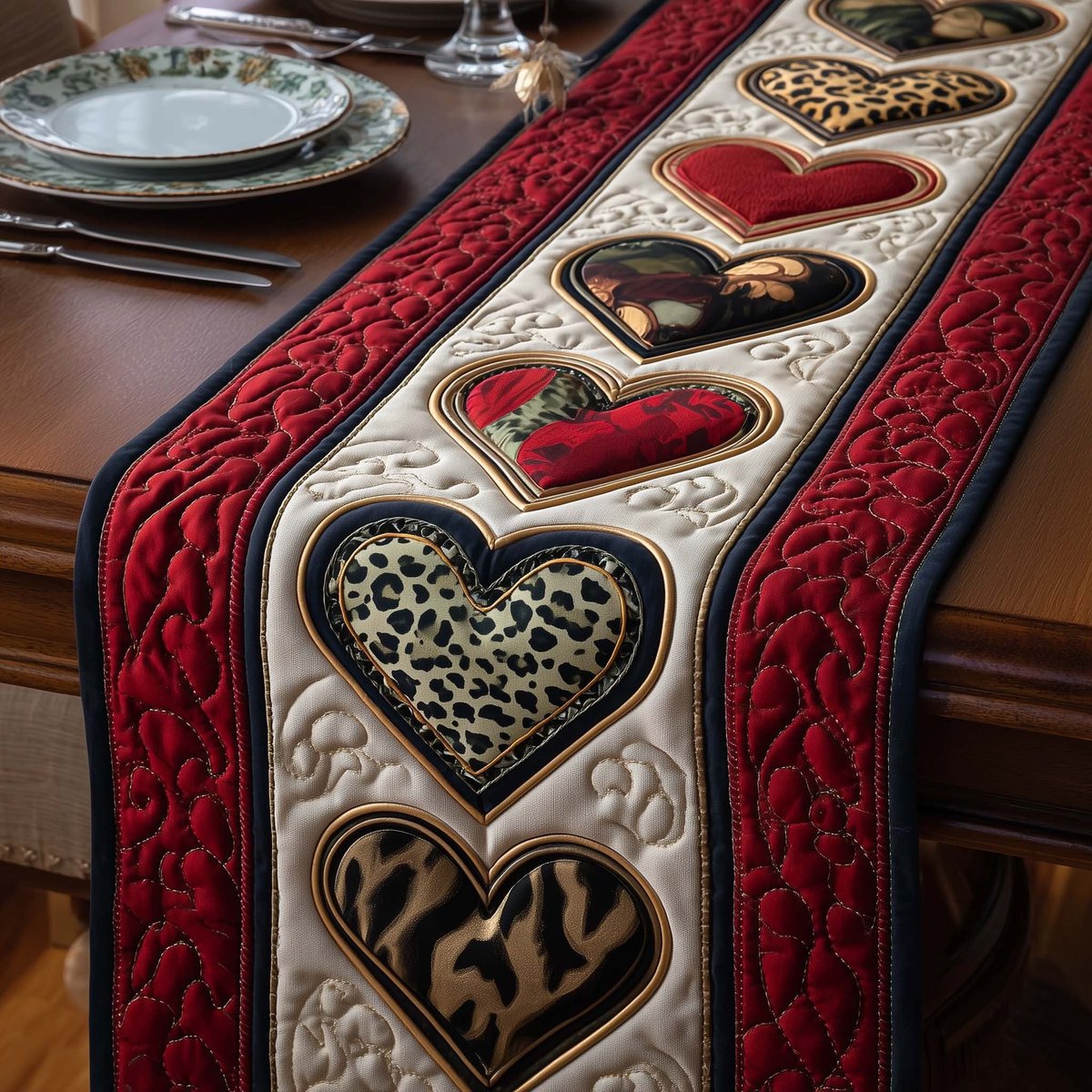 Leopard Print Hearts on Red Table Runner - Made to Order TABLE928