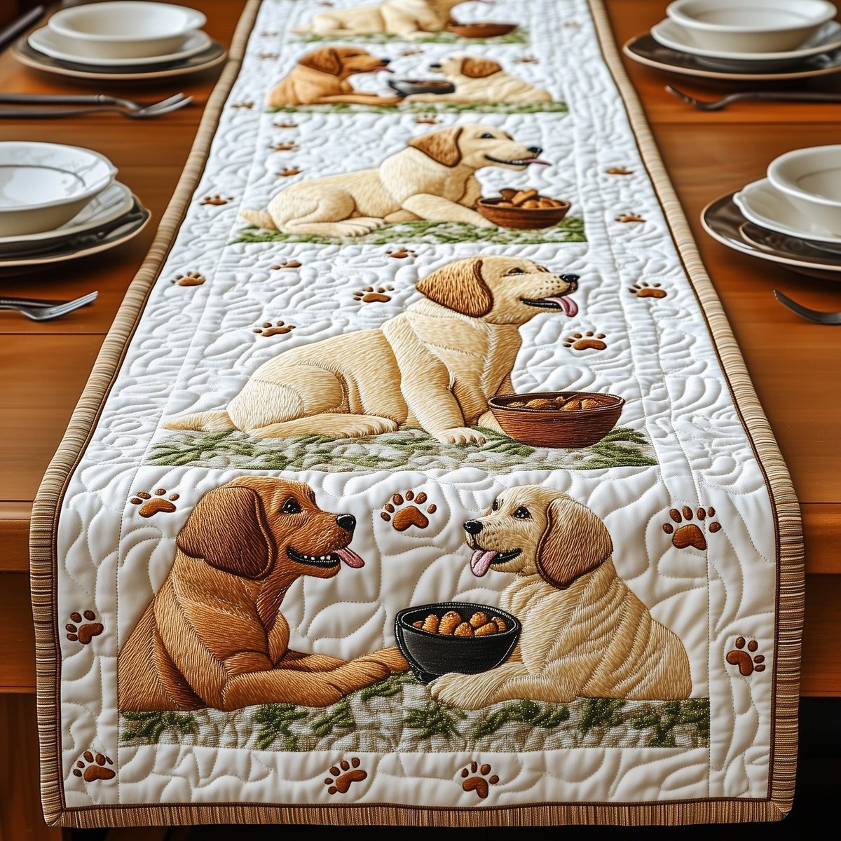 Labradors Resting Beside Bowls Table Runner - Made to Order TABLE928