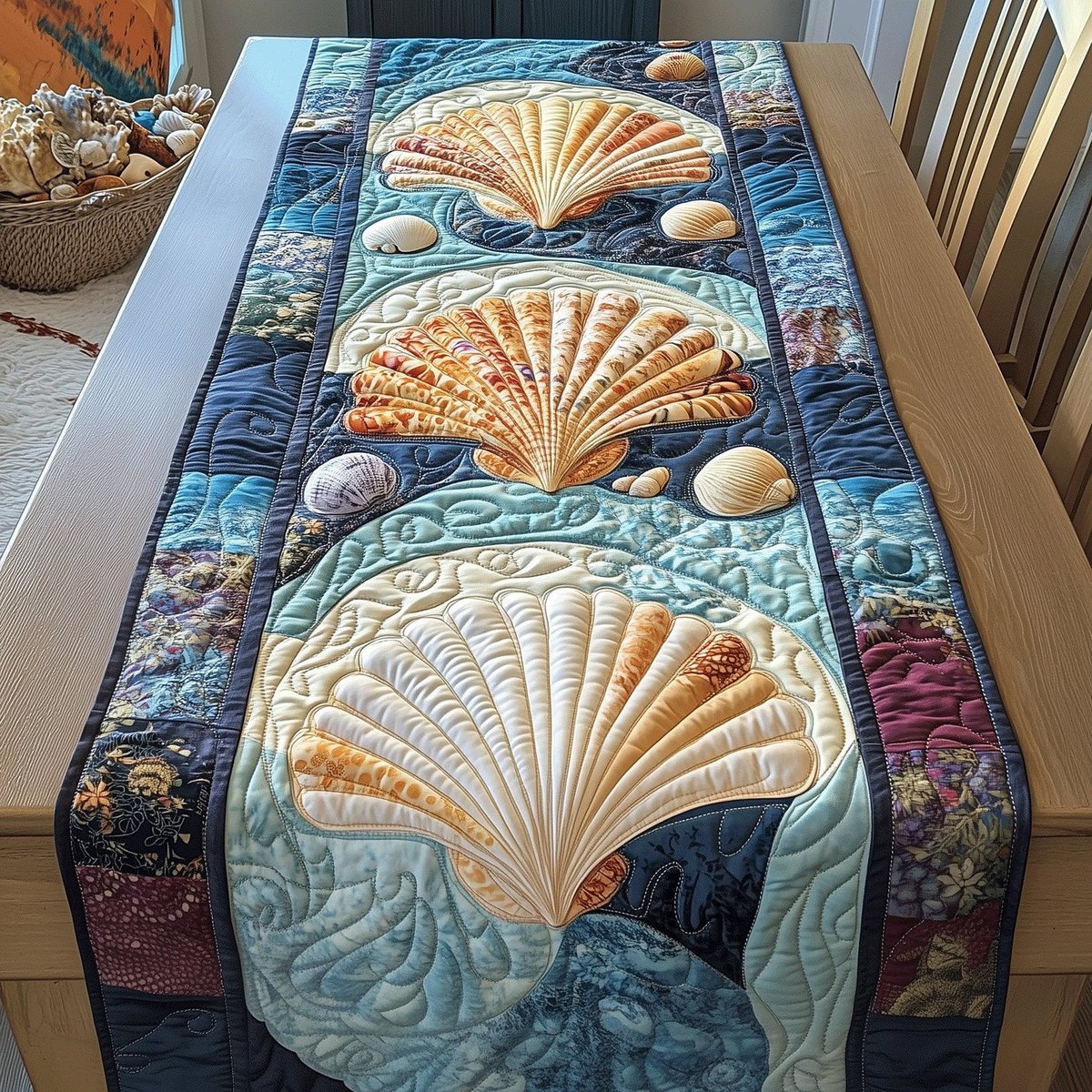 Large Fan Shell on Blue Reef Table Runner - Made to Order TABLE928