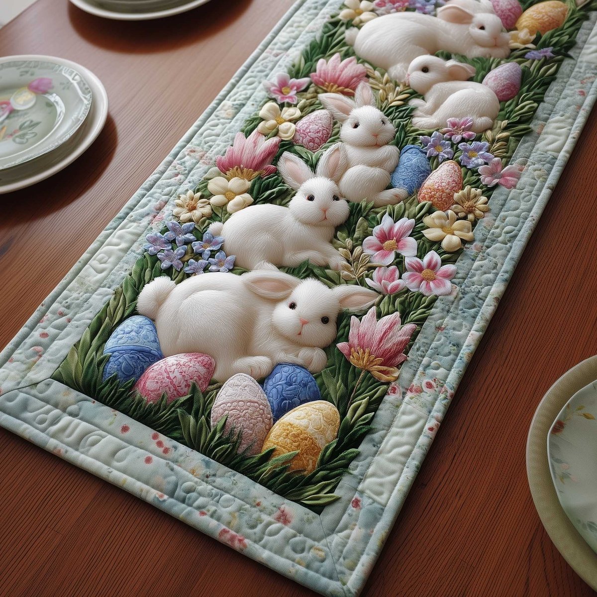 Lambs with Eggs and Spring Flowers Table Runner - Made to Order TABLE928