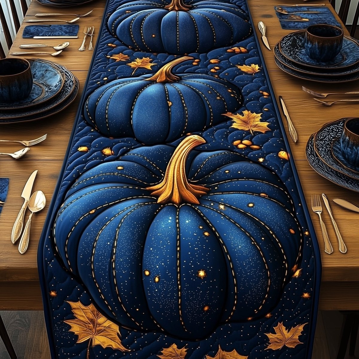 Large Navy Pumpkin with Leaves Table Runner - Made to Order TABLE928