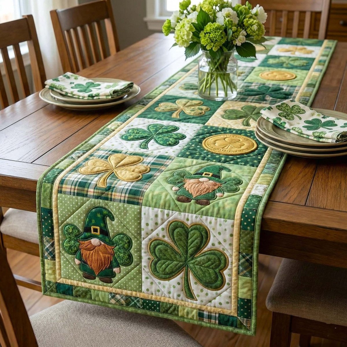Leprechaun Hats and Clovers on Green Table Runner - Made to Order TABLE928