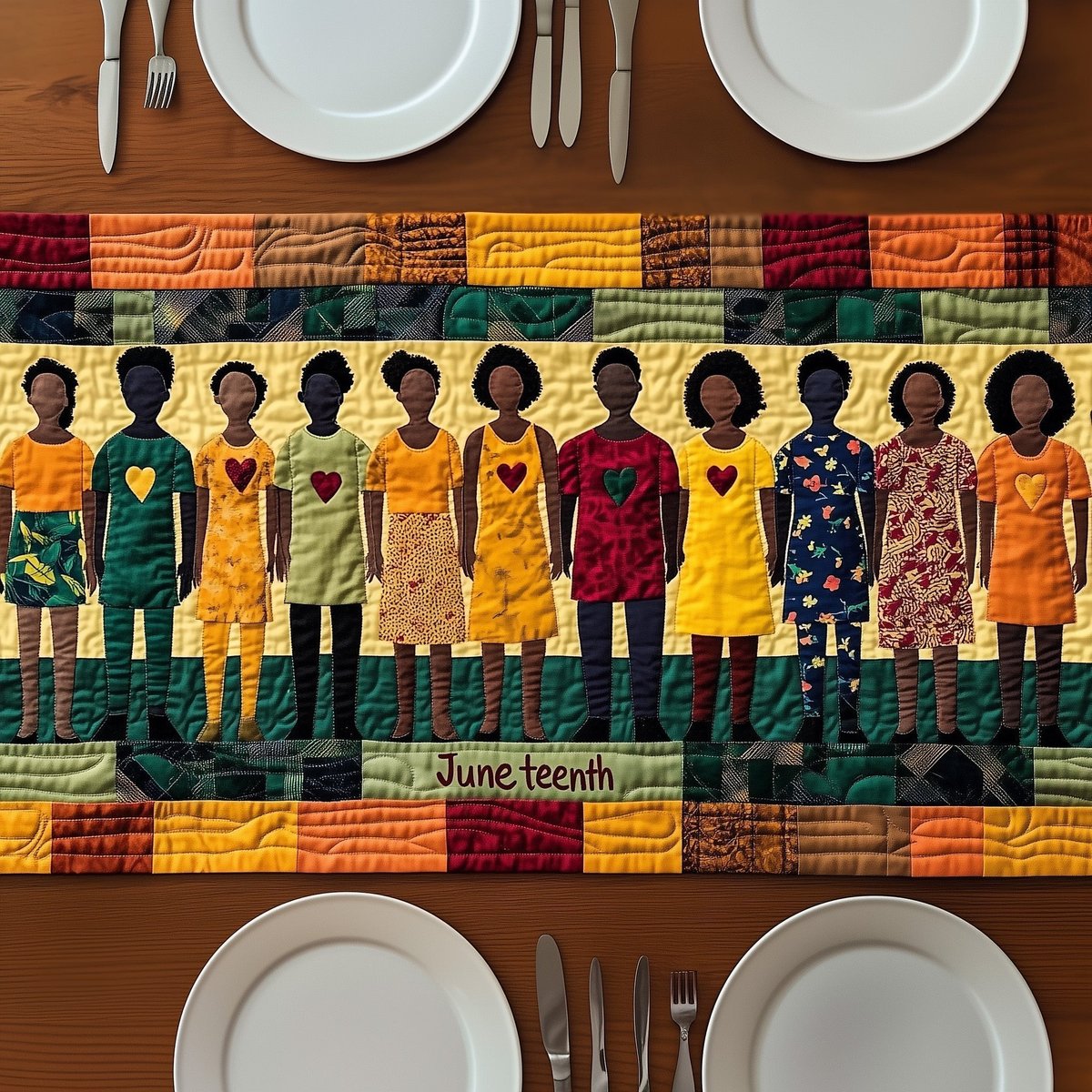 Juneteenth Row of Figures with Hearts Table Runner - Made to Order TABLE928