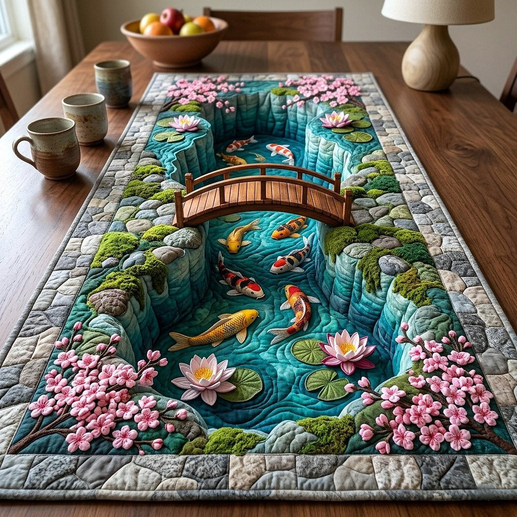Koi Pond with Wooden Bridge Table Runner - Made to Order TABLE928