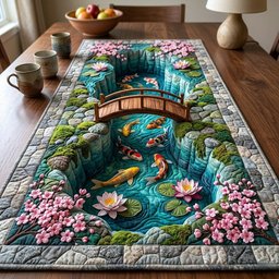 Koi Pond with Wooden Bridge Table Runner - Made to Order TABLE928