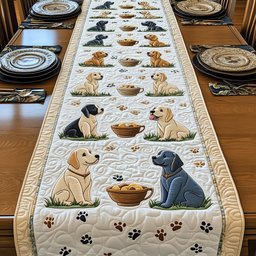 Labradors with Bowls on Cream Table Runner - Made to Order TABLE928