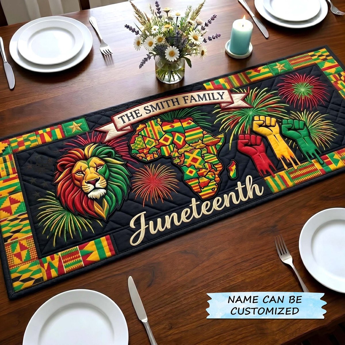 Juneteenth Lion with Family Name Table Runner - Made to Order TABLE928