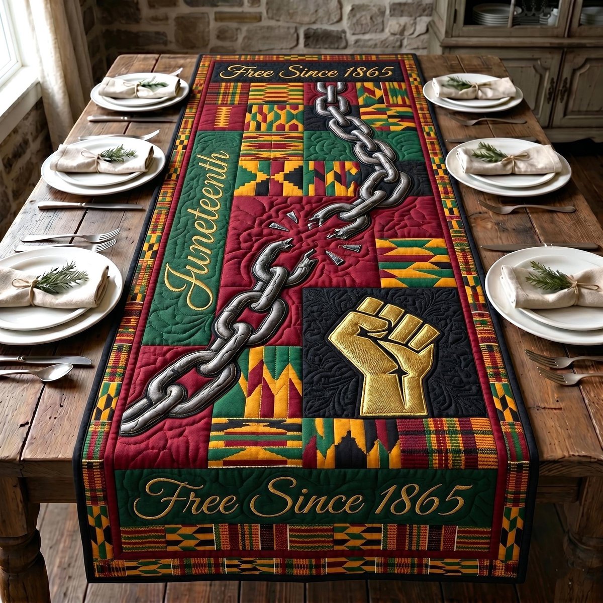Juneteenth Free Since 1865 with Kente Table Runner - Made to Order TABLE928