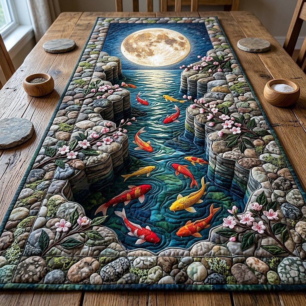 Koi Pond with Stones and Blossoms Table Runner - Made to Order TABLE928