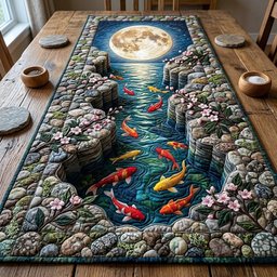 Koi Pond with Stones and Blossoms Table Runner - Made to Order TABLE928