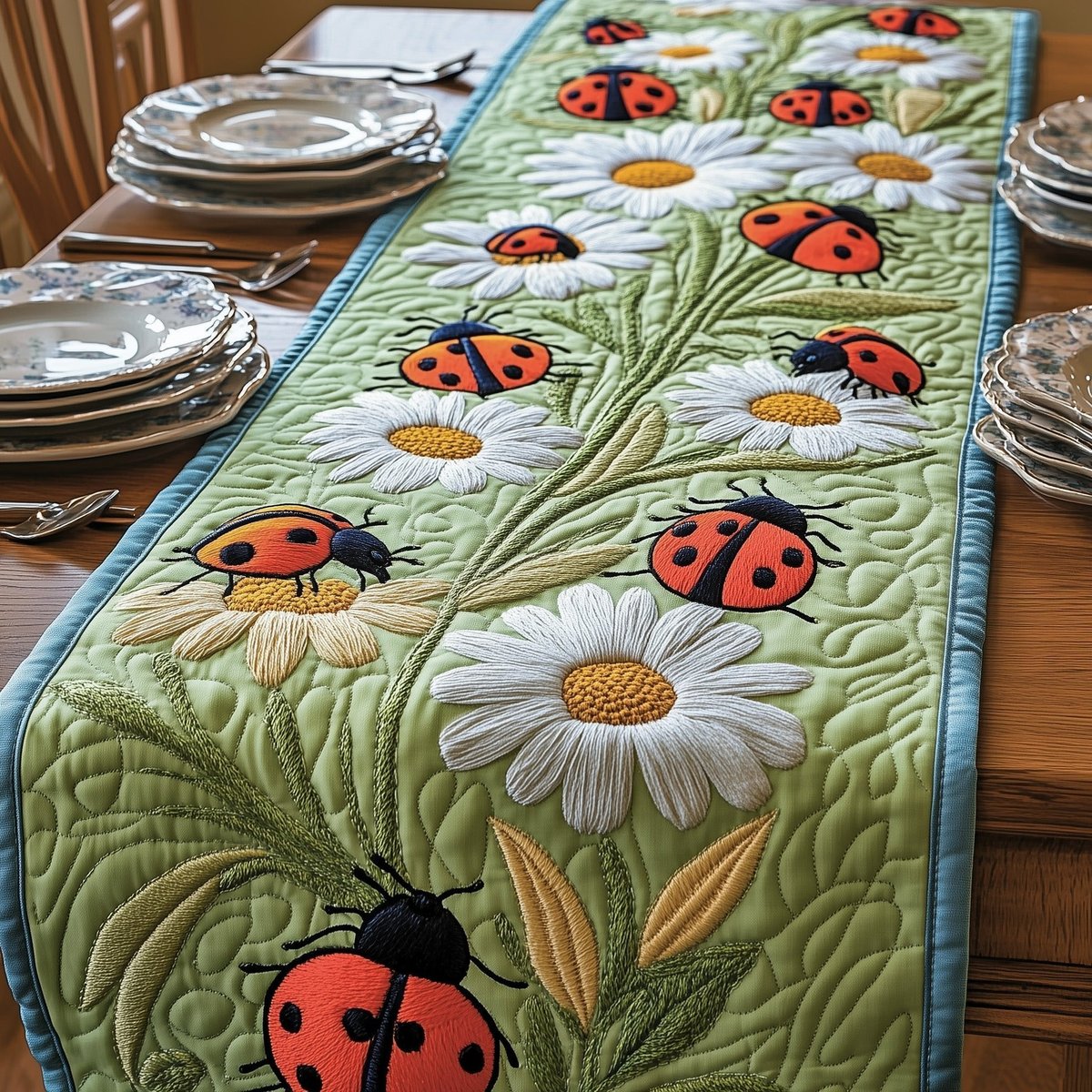 Ladybugs on Daisies and Green Table Runner - Made to Order TABLE928