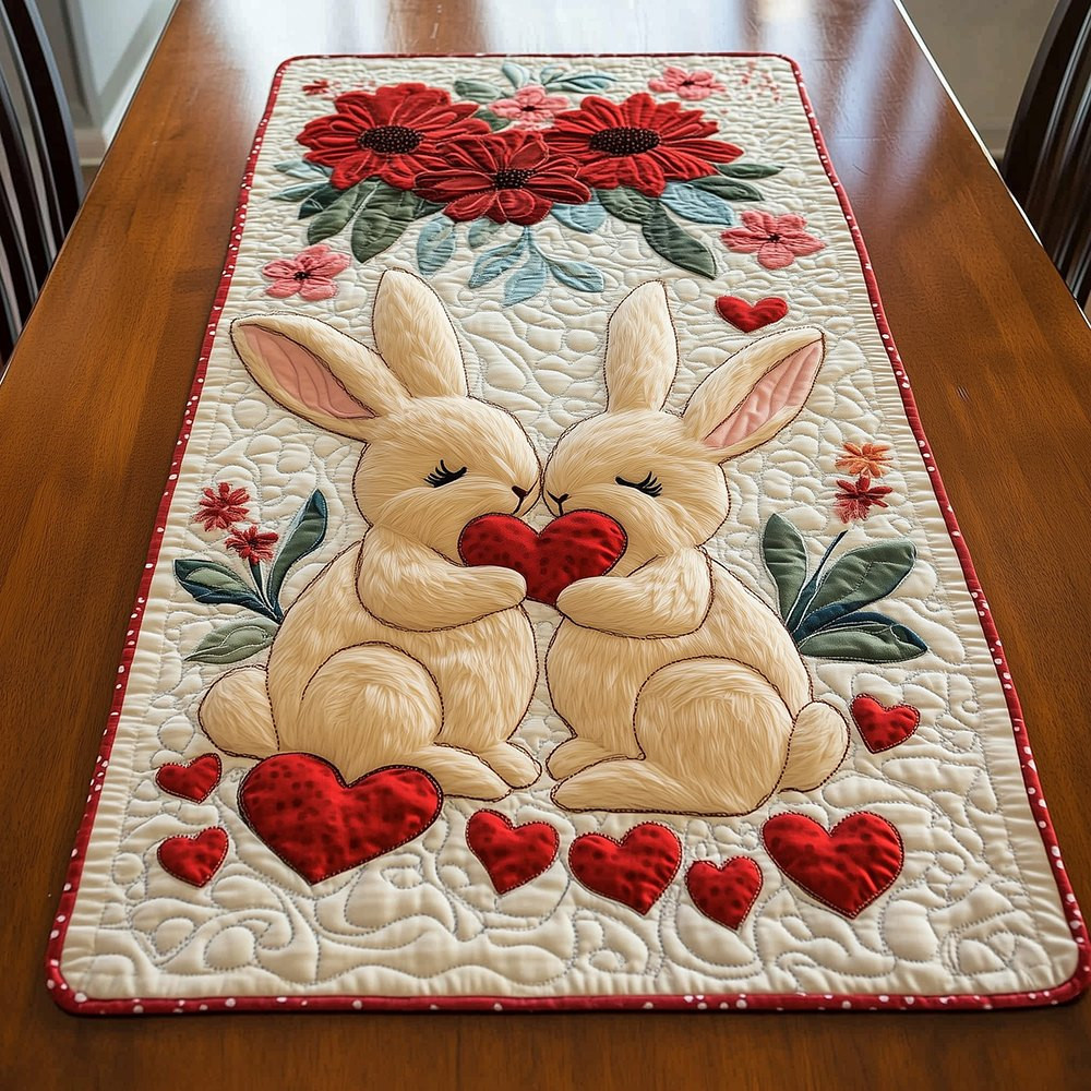 Kissing Bunnies with Hearts and Leaves Table Runner - Made to Order TABLE928