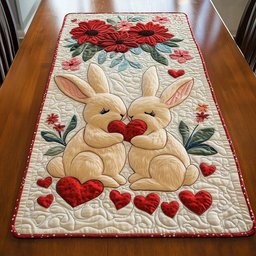 Kissing Bunnies with Hearts and Leaves Table Runner - Made to Order TABLE928