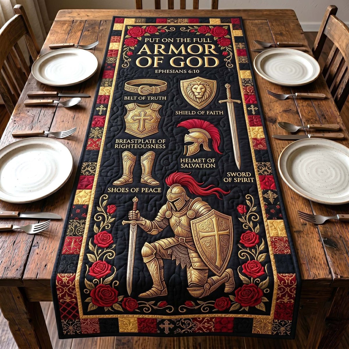 Kneeling Knight with Red Roses Table Runner - Made to Order TABLE928