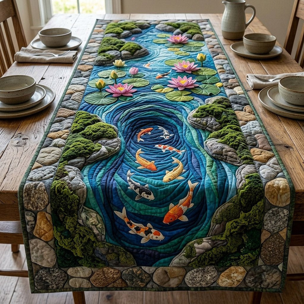 Koi in a Mossy Stone Pool Table Runner - Made to Order TABLE928