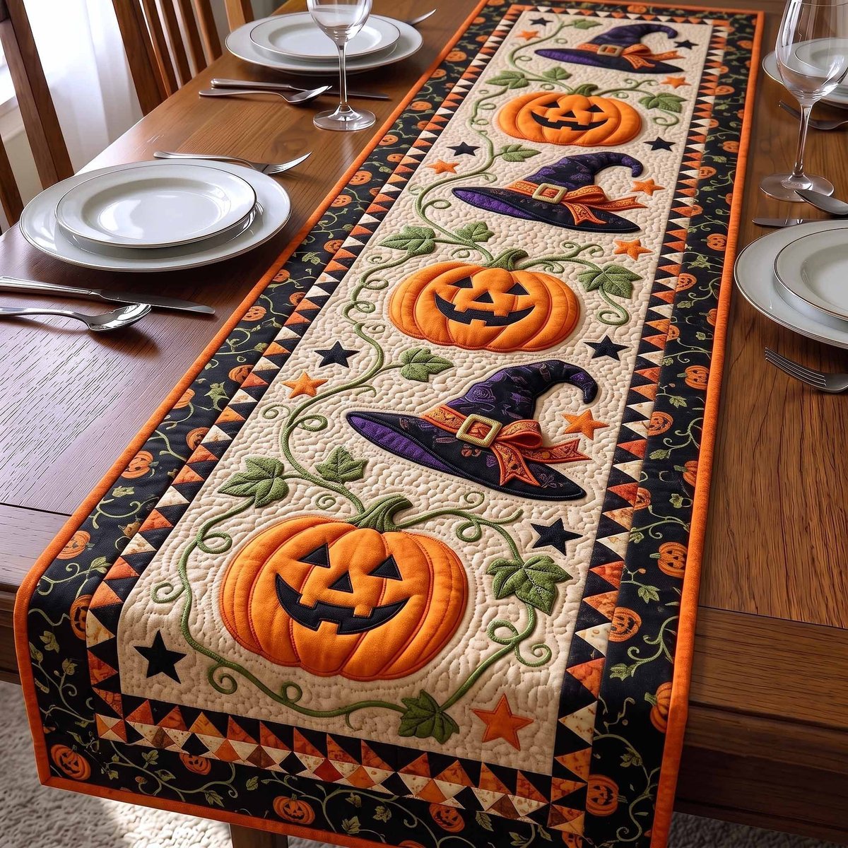 Jack o Lanterns with Witch Hats Table Runner - Made to Order TABLE928