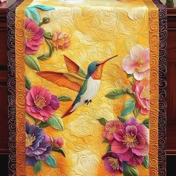 Hummingbird with Pink Flowers on Gold Table Runner - Made to Order TABLE928
