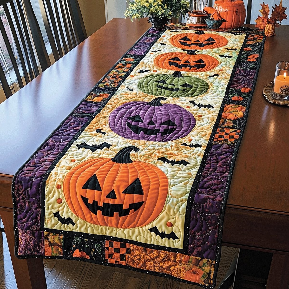 Jack o Lantern with Bats on Purple Table Runner - Made to Order TABLE928