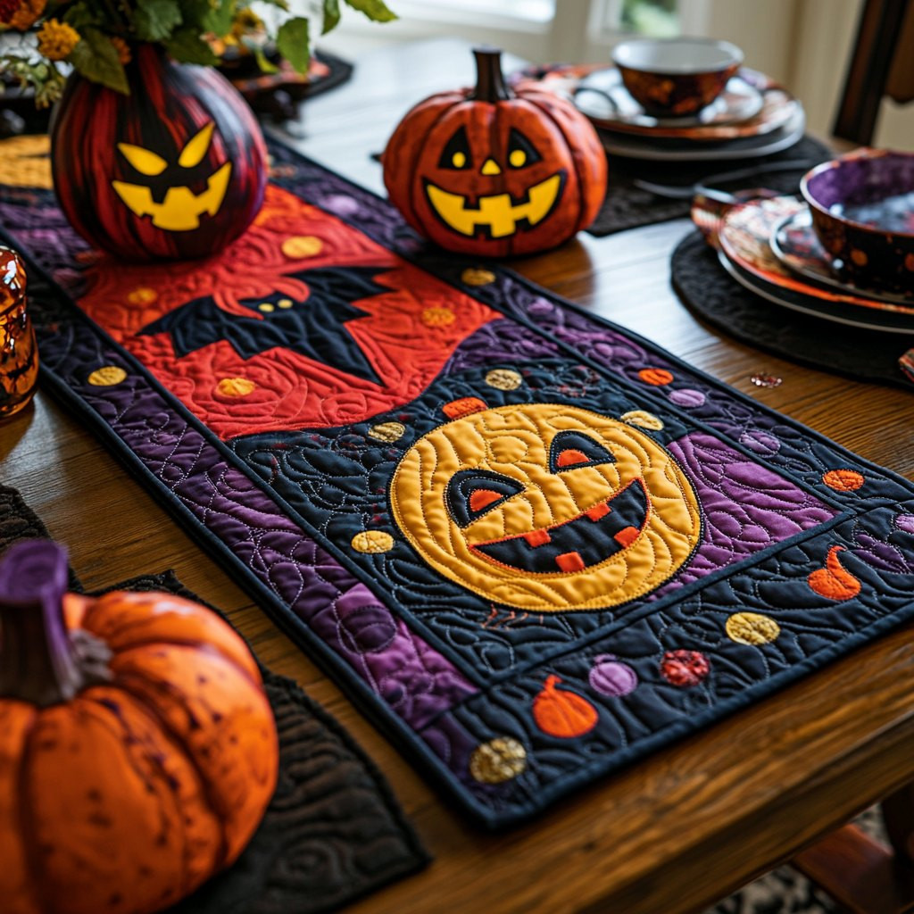 Jack o Lantern on Purple Panel Table Runner - Made to Order TABLE928