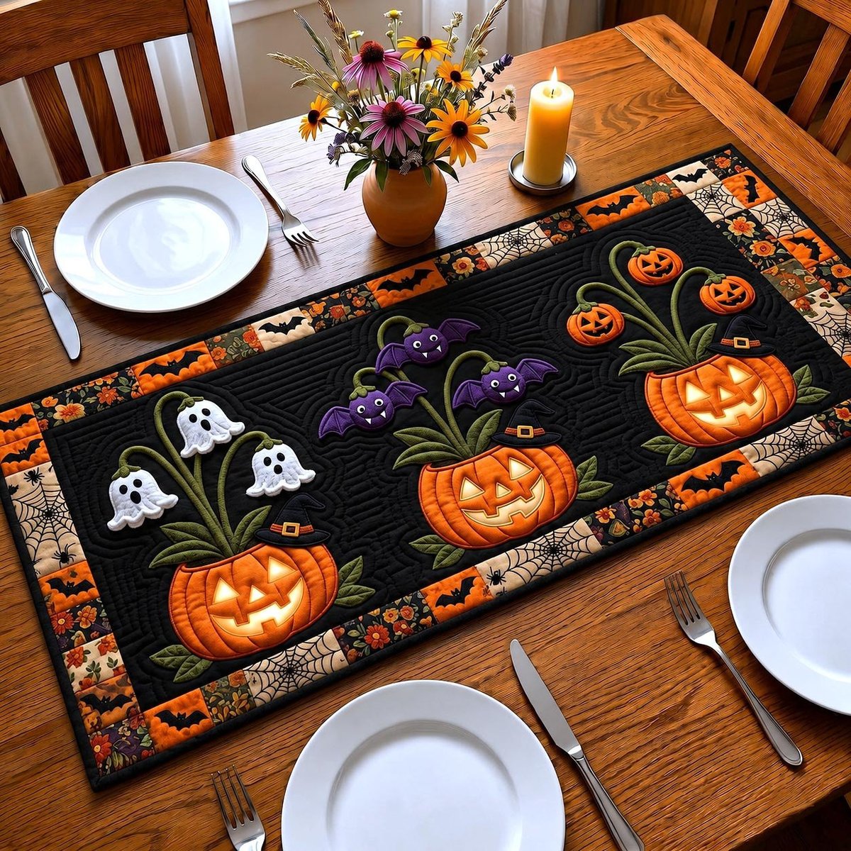 Jack o Lantern with Ghosts on Black Table Runner - Made to Order TABLE928