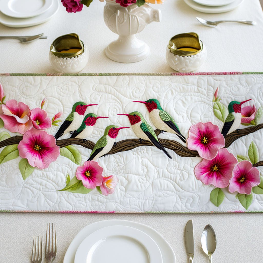 Hummingbirds with Pink Blossoms on White Table Runner - Made to Order TABLE928