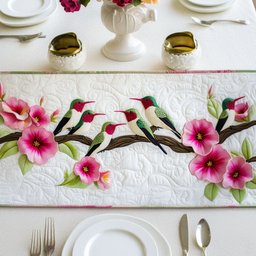Hummingbirds with Pink Blossoms on White Table Runner - Made to Order TABLE928