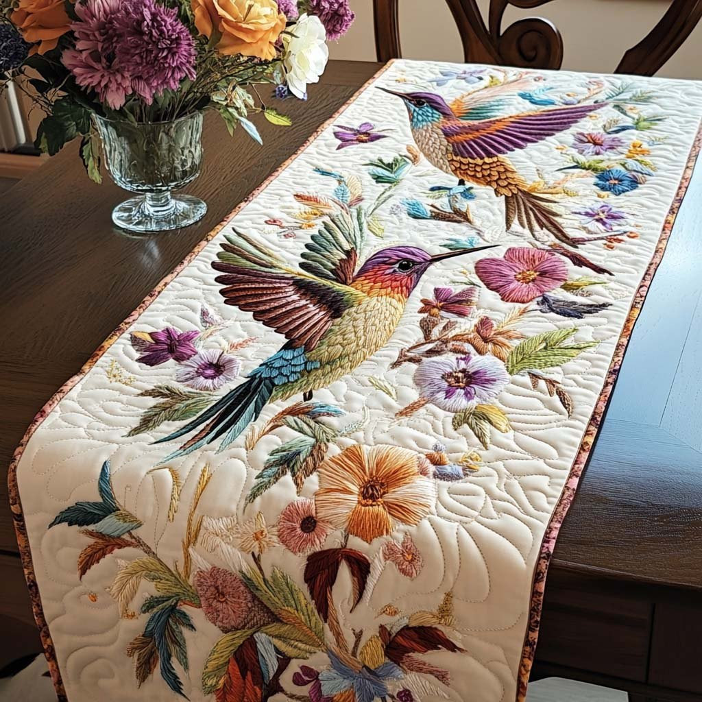 Hummingbird with Flowers on Cream Table Runner - Made to Order TABLE928