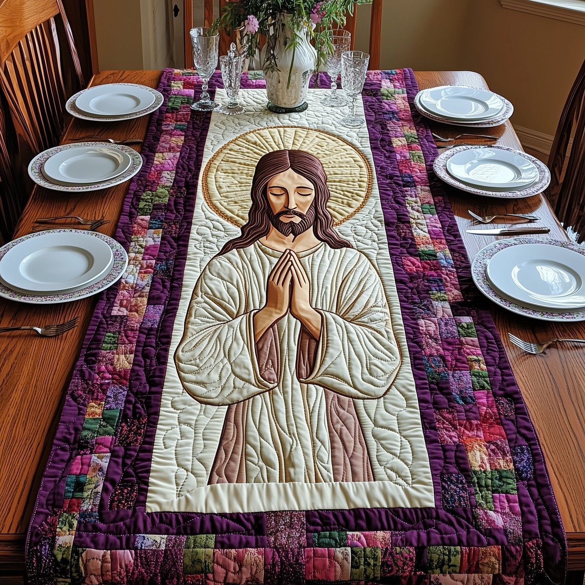 Jesus with Golden Halo Praying Table Runner - Made to Order TABLE928