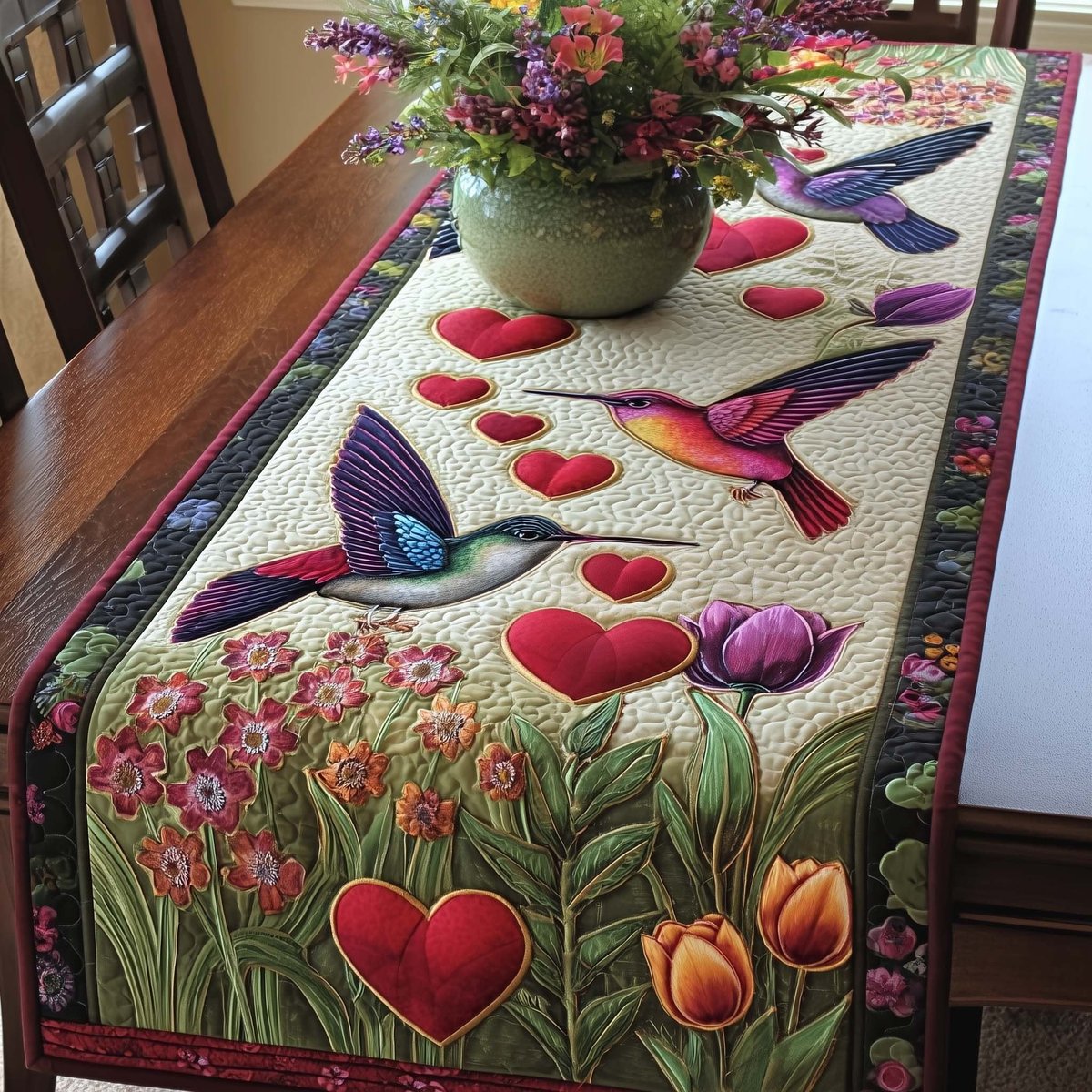 Hummingbird with Falling Red Hearts Table Runner - Made to Order TABLE928