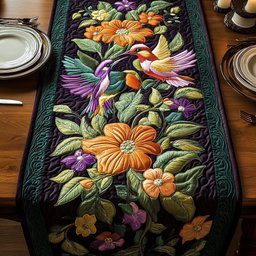 Hummingbird with Orange Blooms on Black Table Runner - Made to Order TABLE928