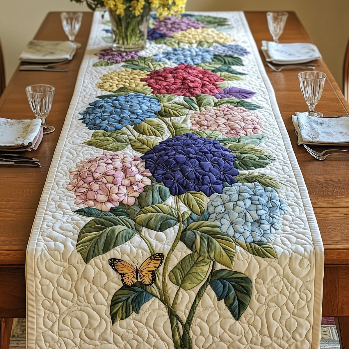 Hydrangea Bouquet with Butterfly on Cream Table Runner - Made to Order TABLE928
