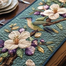 Hummingbird and Pale Flowers on Teal Table Runner - Made to Order TABLE928