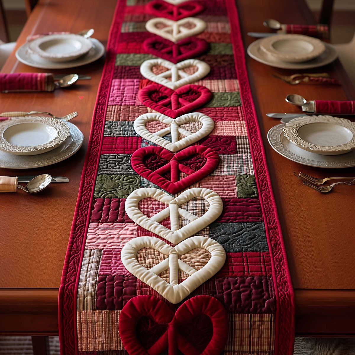 Interlocking White Hearts on Red Plaid Table Runner - Made to Order TABLE928