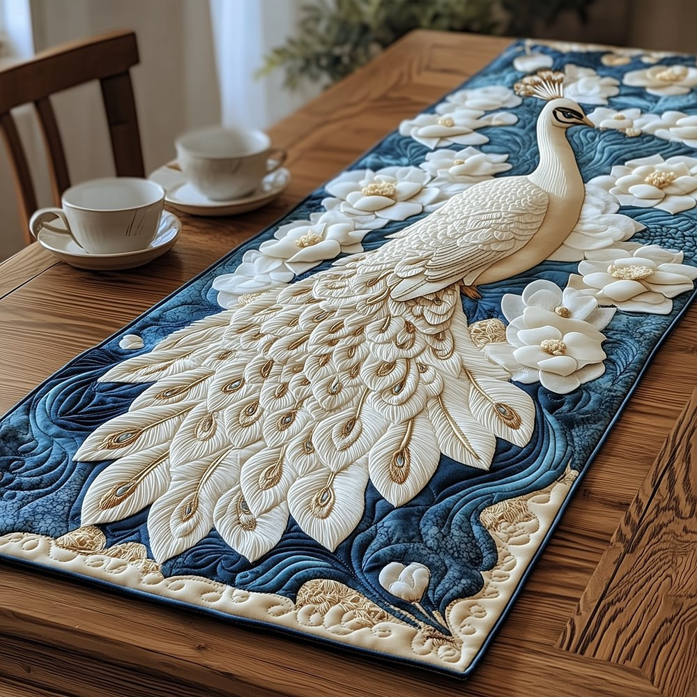 Ivory Peacock with Blue Feather Border Table Runner - Made to Order TABLE928
