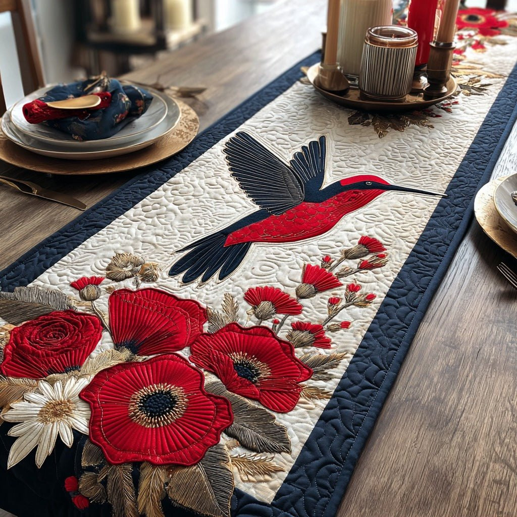 Hummingbird with Red Poppies Table Runner - Made to Order TABLE928