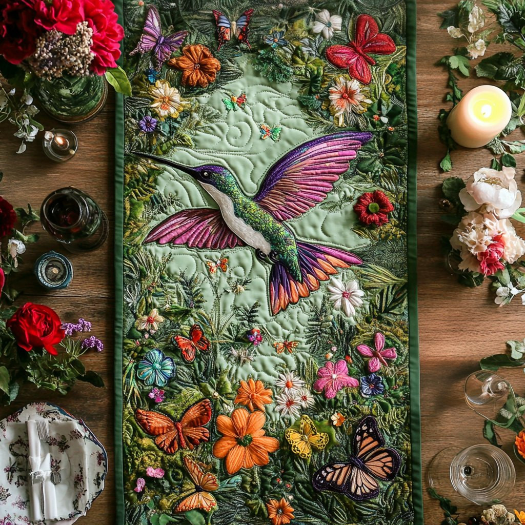 Hummingbird with Butterflies on Green Table Runner - Made to Order TABLE928