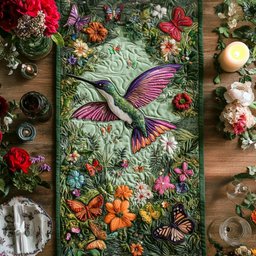 Hummingbird with Butterflies on Green Table Runner - Made to Order TABLE928