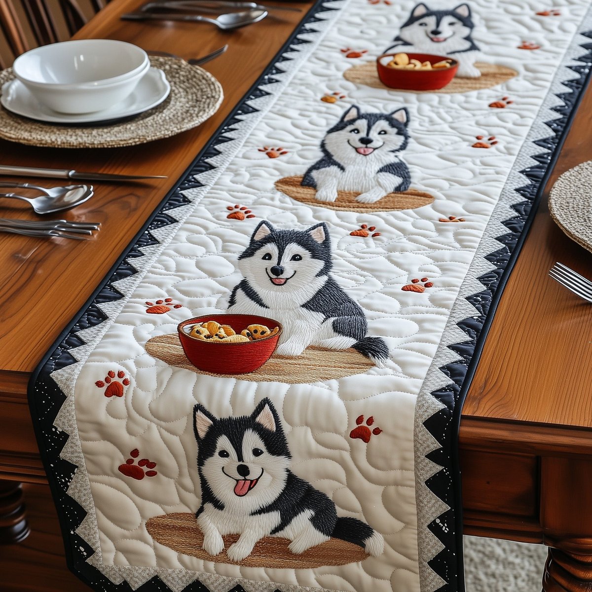 Husky Puppy with Red Bowl Table Runner - Made to Order TABLE928