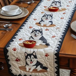 Husky Puppy with Red Bowl Table Runner - Made to Order TABLE928