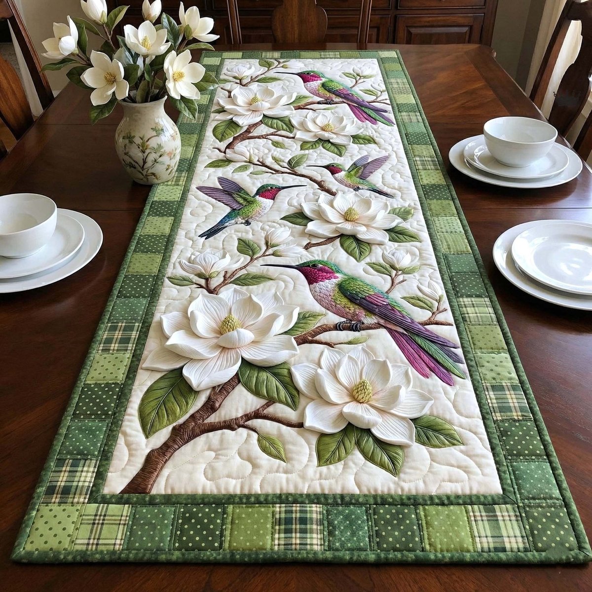 Hummingbirds with White Magnolias Table Runner - Made to Order TABLE928