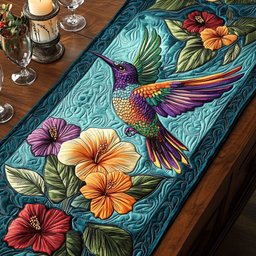 Hummingbirds and Hibiscus on Teal Table Runner - Made to Order TABLE928