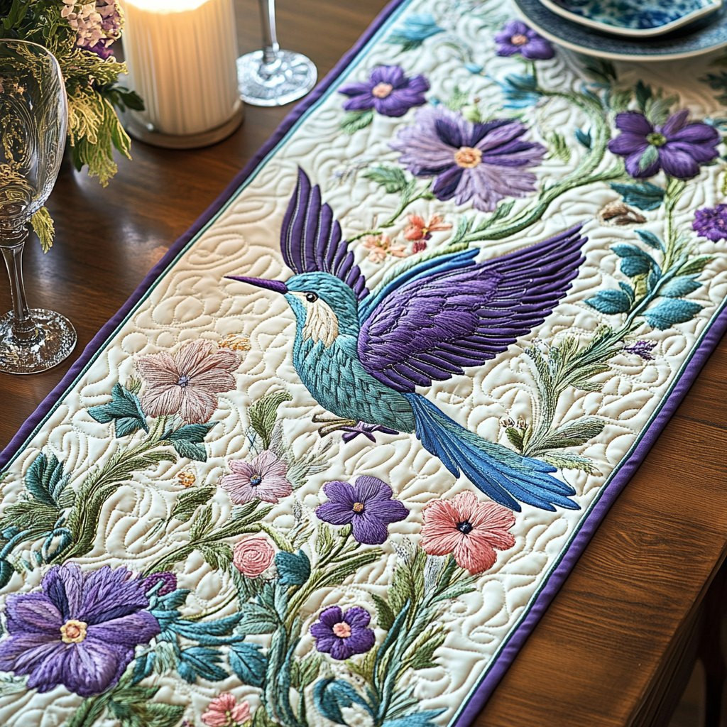 Hummingbird with Spring Flowers Table Runner - Made to Order TABLE928