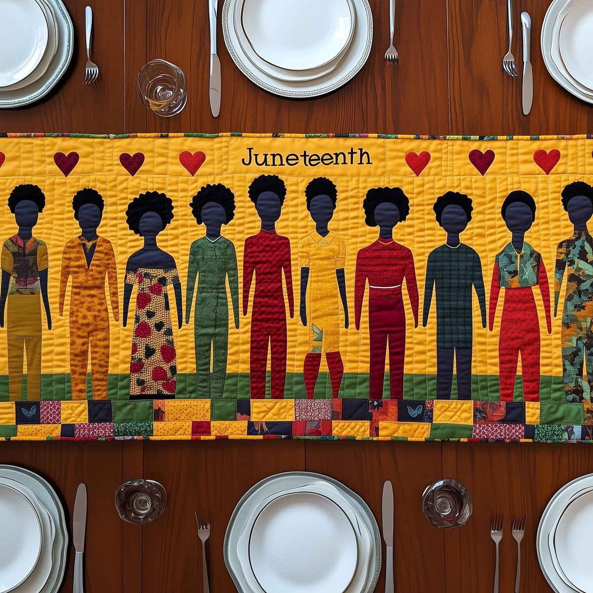 Juneteenth Figures with Hearts on Yellow Table Runner - Made to Order TABLE928