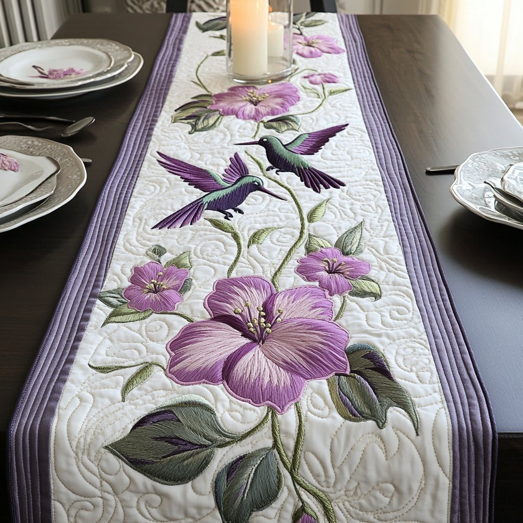 Hummingbirds with Purple Blooms on White Table Runner - Made to Order TABLE928