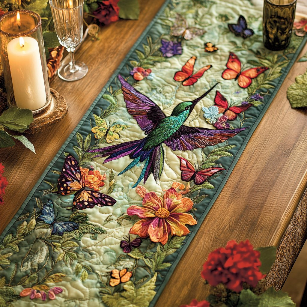 Hummingbird with Flowers and Butterflies Table Runner - Made to Order TABLE928