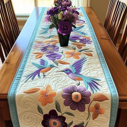 Hummingbirds with Purple and Orange Blooms Table Runner - Made to Order TABLE928