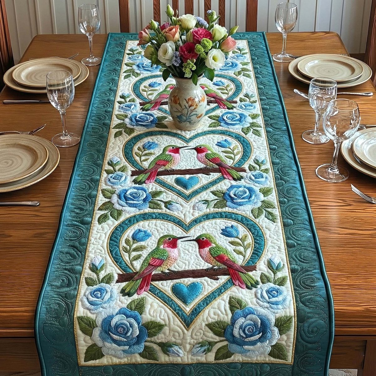Hummingbirds with Blue Roses Table Runner - Made to Order TABLE928