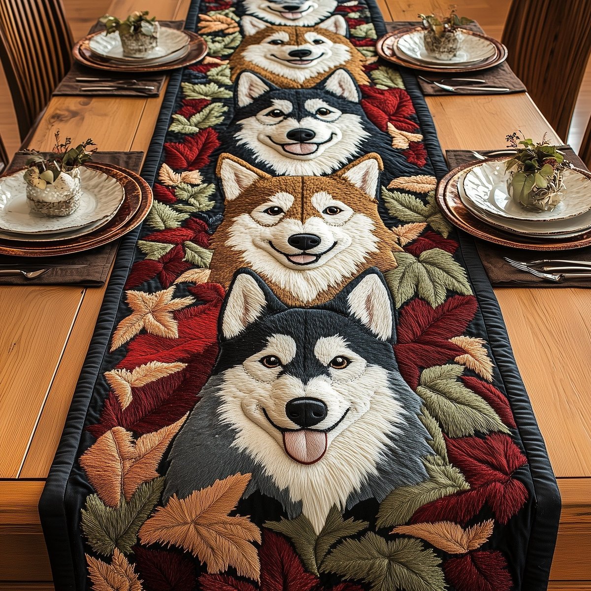 Huskies Among Autumn Leaves Table Runner - Made to Order TABLE928