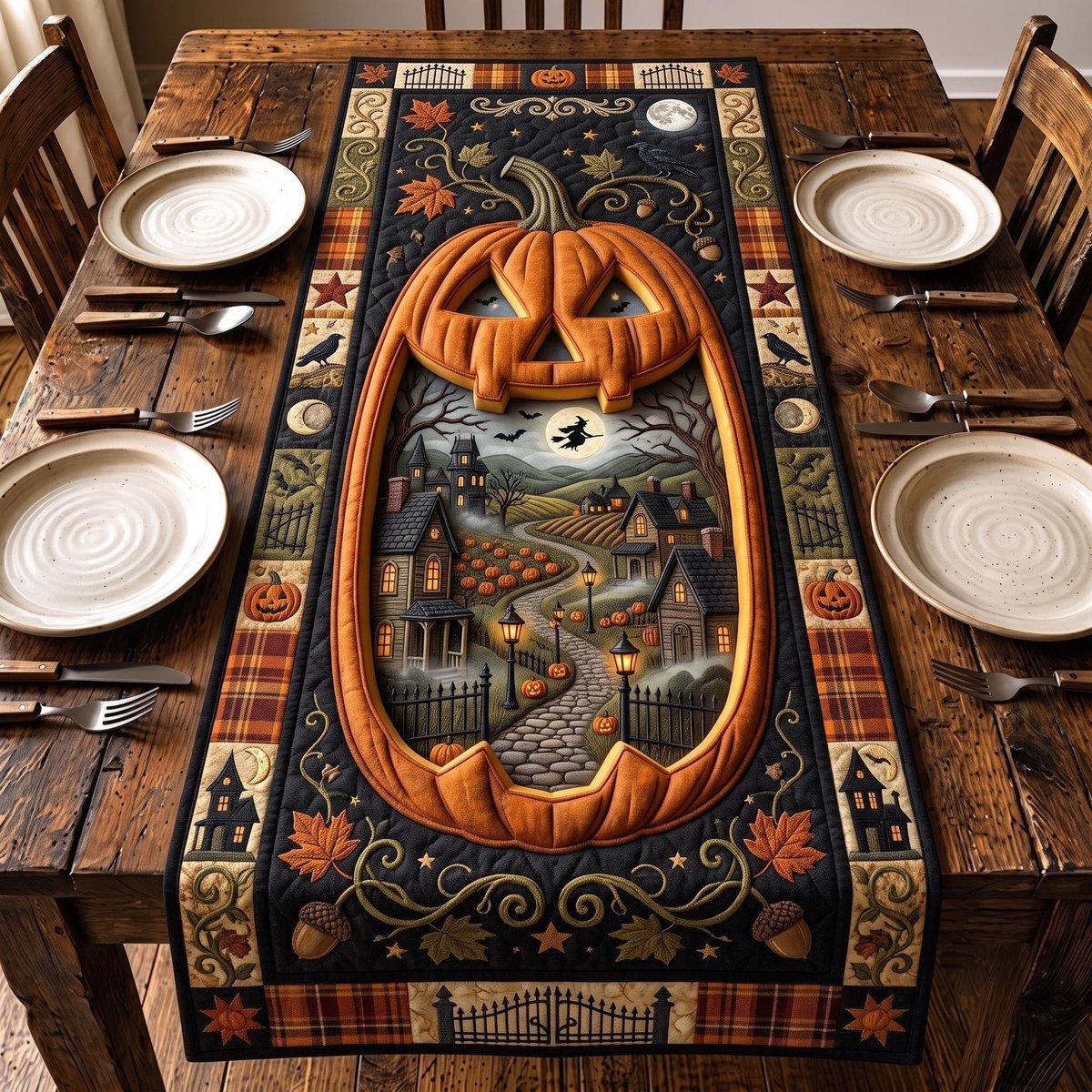 Jack o Lantern Window with Haunted House Table Runner - Made to Order TABLE928